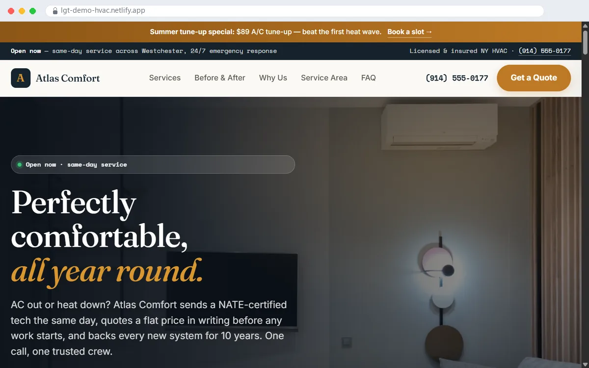 Atlas Comfort — an HVAC website built by Live Growth Tracking