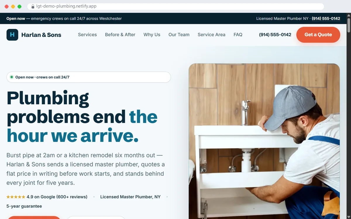 Harlan & Sons — a plumbing website built by Live Growth Tracking