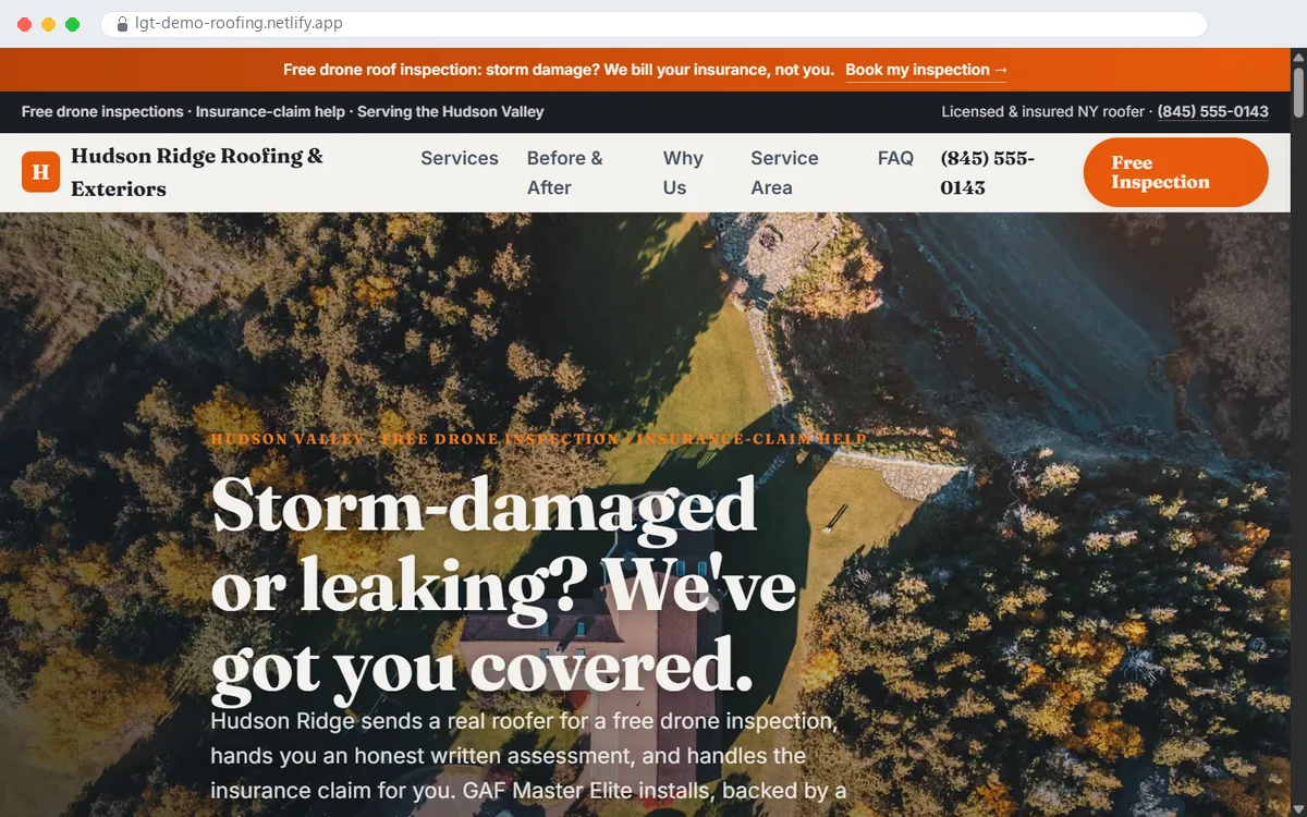 Hudson Ridge — a roofing website built by Live Growth Tracking